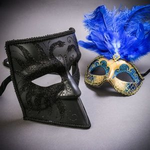 Black Glitter Bauta Full Face w/ Gold Blue Feather Masquerade Wedding Ball Mask